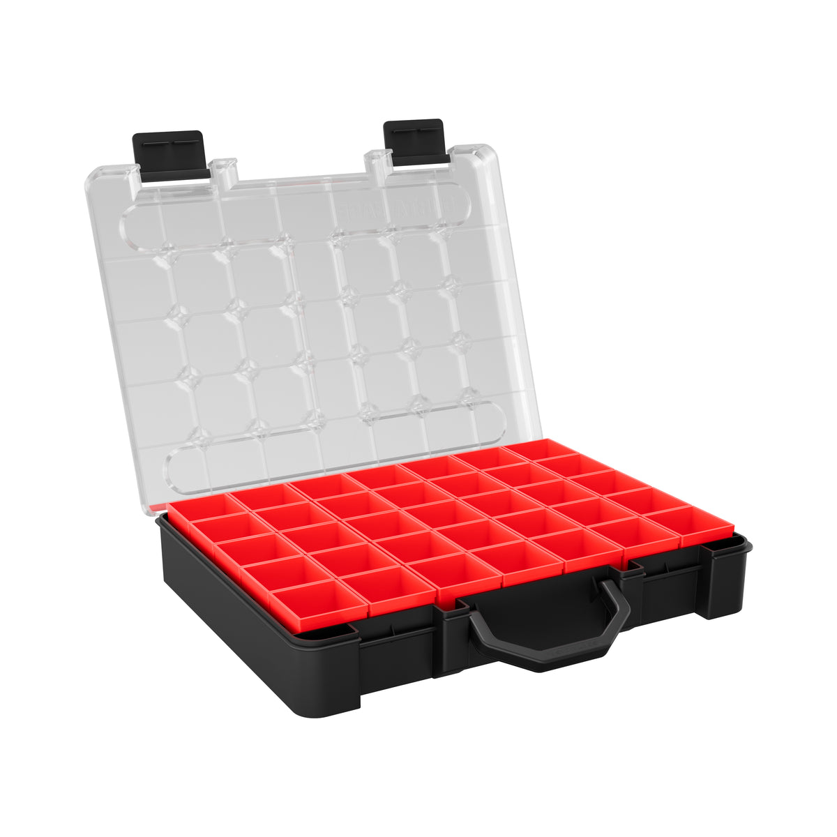 Sortacase Medium Plastic Case, black 63mm deep plastic organiser case with a clear lid and 35 removable red compartments.