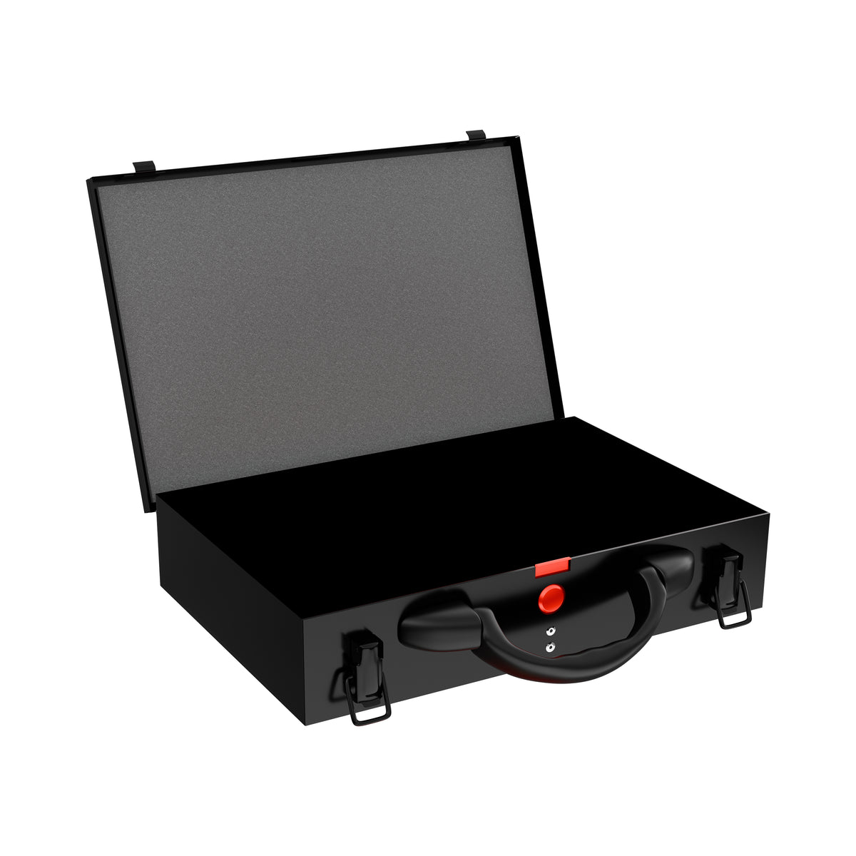 Sortacase Small Black Case shown open and empty, a 63mm deep black steel organiser case with a red-button carry handle.