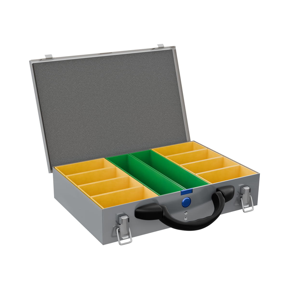 Sortacase Small Silver Case, 63mm deep silver steel organiser case shown open with 10 removable yellow and green compartments.