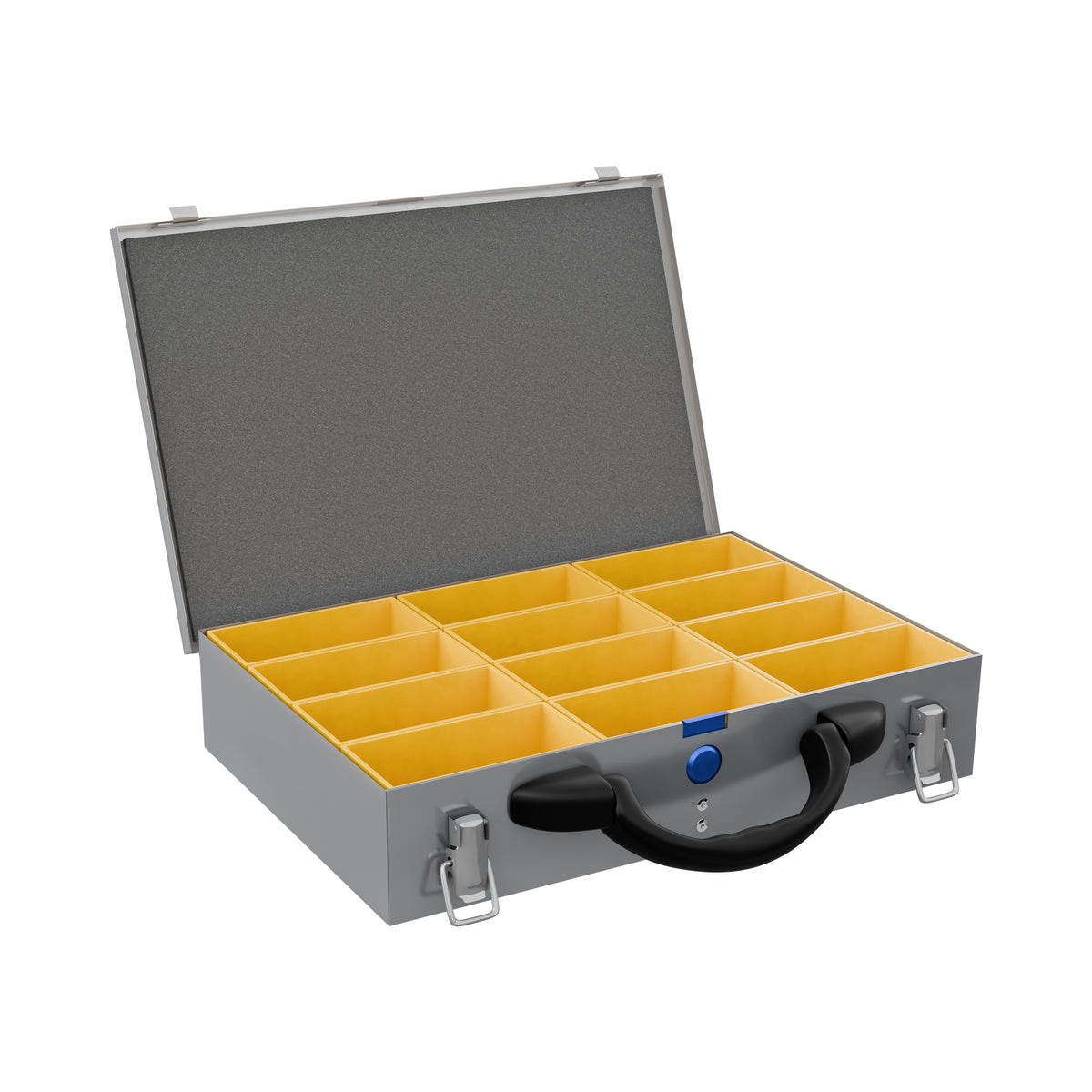 Sortacase Small Silver Case, 63mm deep silver steel organiser case shown open with 12 removable yellow British-made compartments.