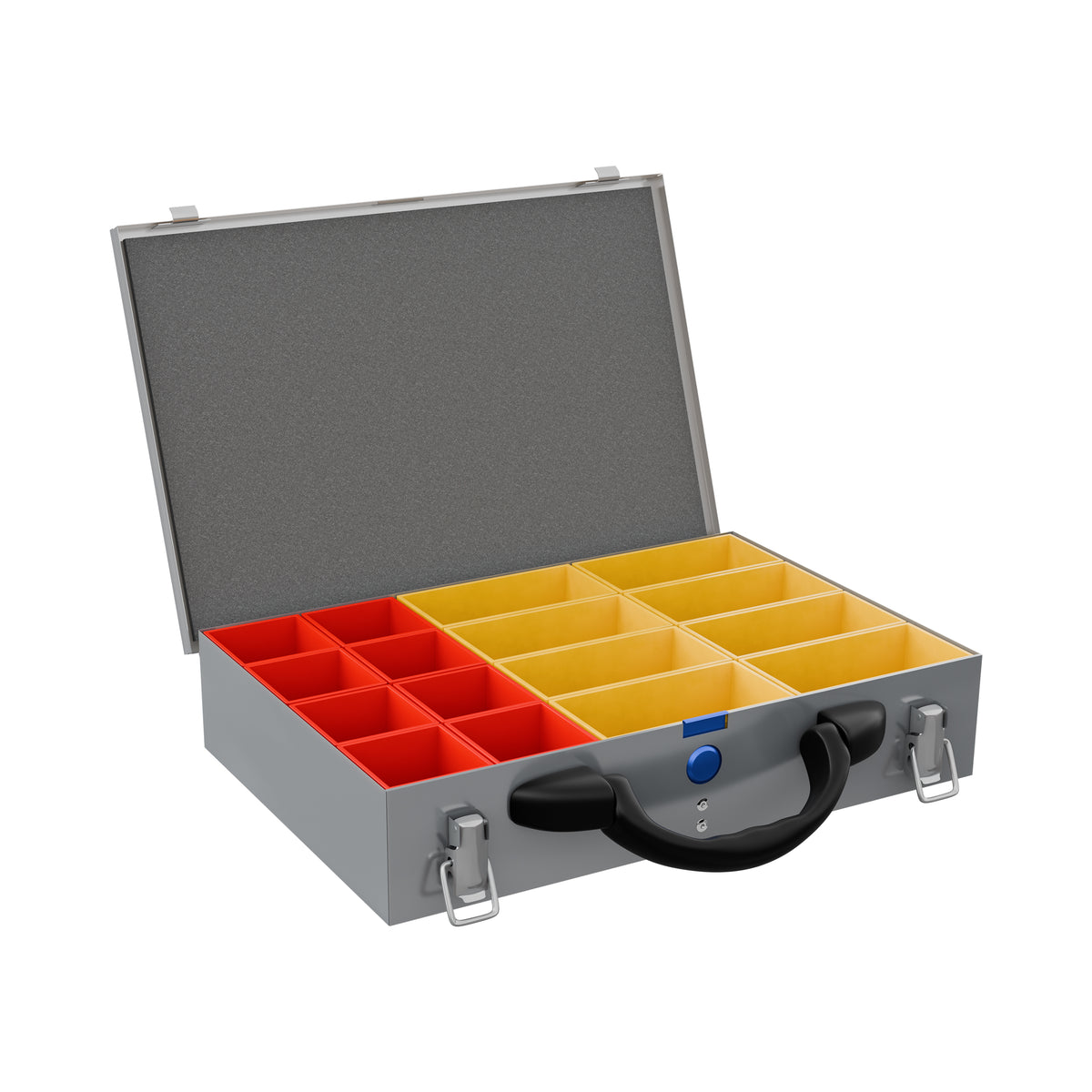Sortacase Small Silver Case, 63mm deep silver steel organiser case shown open with 16 removable red and yellow compartments.