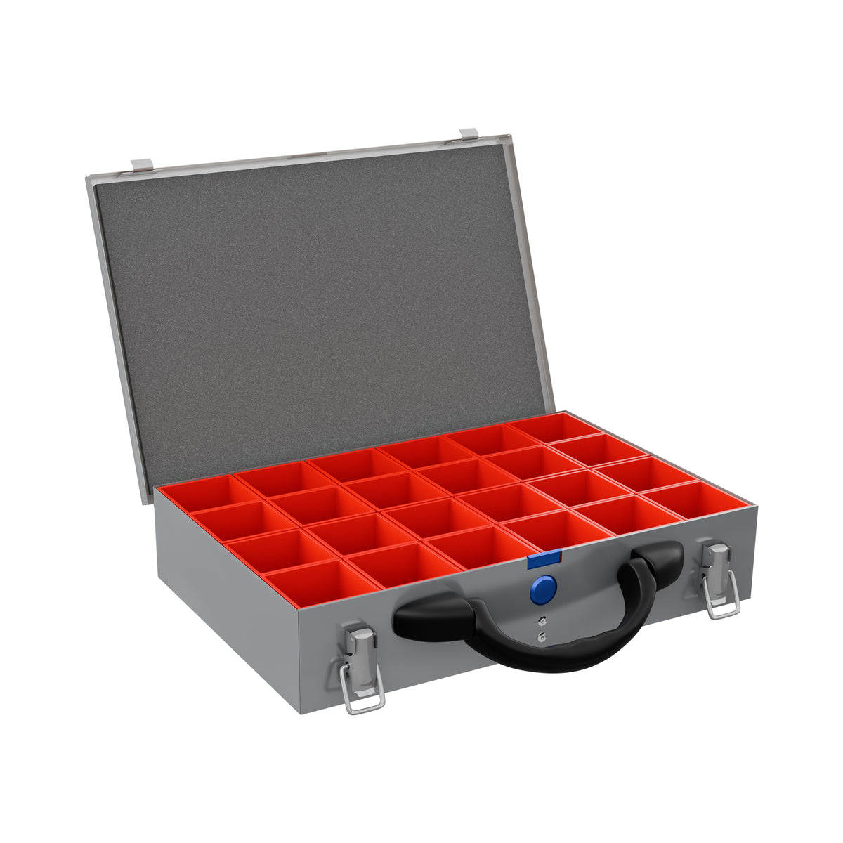 Sortacase Small Silver Case, 63mm deep silver steel organiser case shown open with 24 removable red British-made compartments.