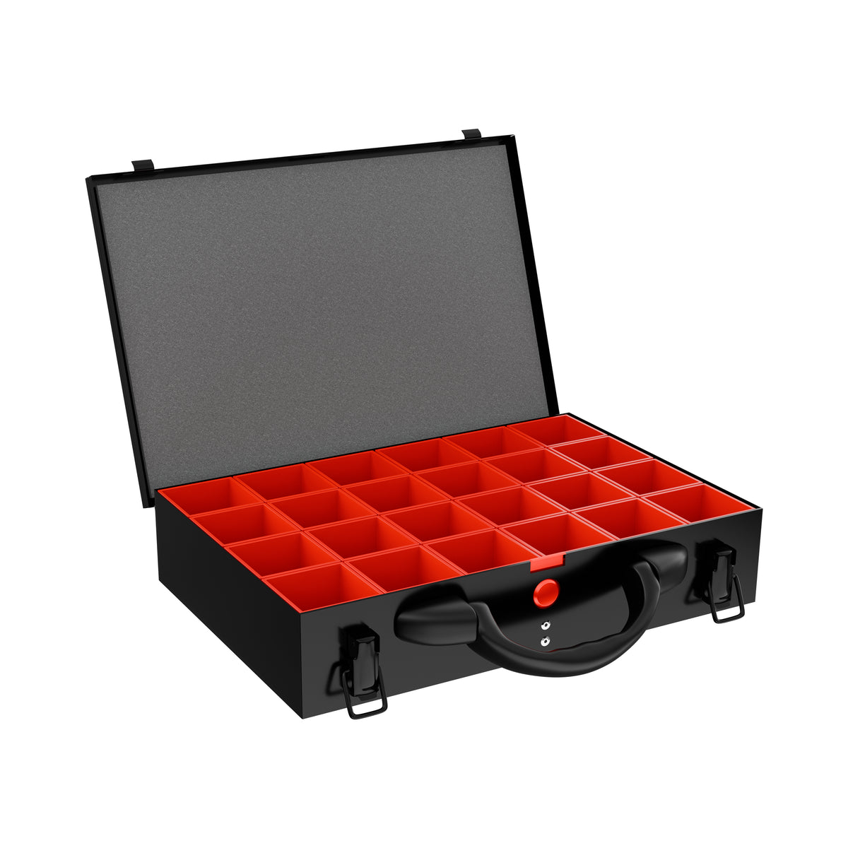 Sortacase Small Black Case, 63mm deep black steel organiser case shown open with 24 removable red British-made compartments.