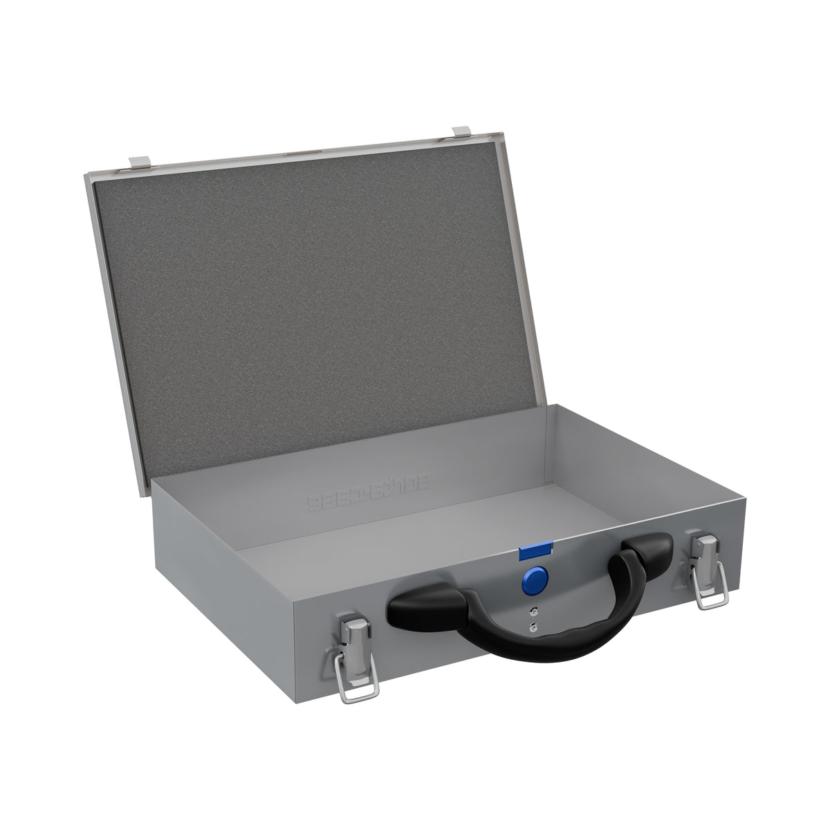 Sortacase Small Silver Case shown open and empty, a 63mm deep silver steel organiser case with a blue-button carry handle.