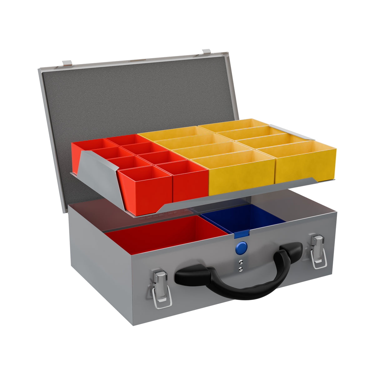 Sortacase Small Double Silver Case, silver steel case shown open with a lift-out top tray of red and yellow compartments over a second layer, 20 in total.