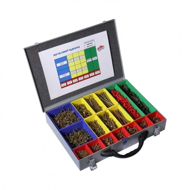 An open metal organizer case containing various screws in colored compartments, with a printed sorting chart visible inside the lid on a white background.