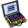 Sortacase 12 Compartment Assortment Kit, silver steel case shown open with blue and yellow compartments of screws and a contents chart in the lid.