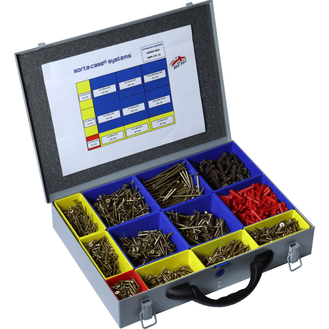 Sortacase 12 Compartment Assortment Kit, silver steel case shown open with blue and yellow compartments of screws and a contents chart in the lid.