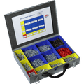Sortacase Handi-Box 12 Compartment Assortment Kit, silver steel case open with blue and yellow compartments of BZP screws and a contents chart in the lid.