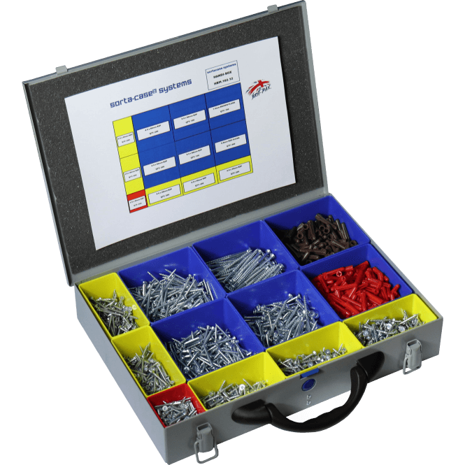 Sortacase Handi-Box 12 Compartment Assortment Kit, silver steel case open with blue and yellow compartments of BZP screws and a contents chart in the lid.