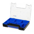 Sortacase Small Pro Plastic Case, blue 45mm deep plastic organiser case with a clear hinged lid and 7 fixed compartments.